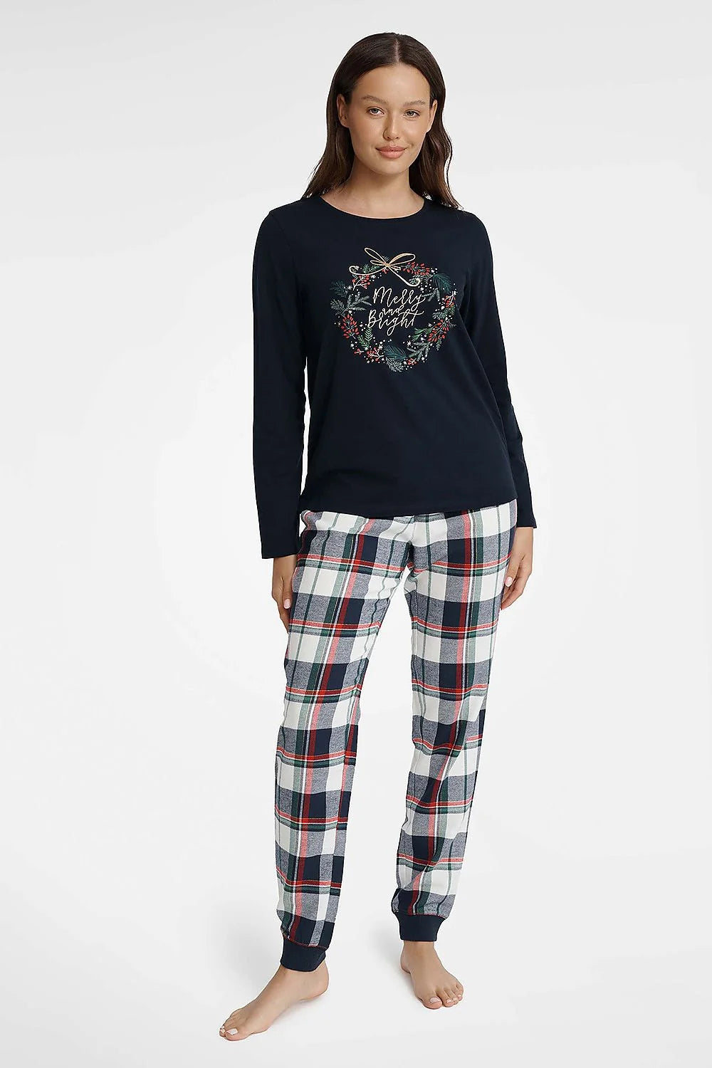 Pyjama Henderson pour femme, ensemble deux pièces, coton 100%, chemisier bleu marine, pantalon à carreaux, taille élastique, manches longues, style festif, confort max