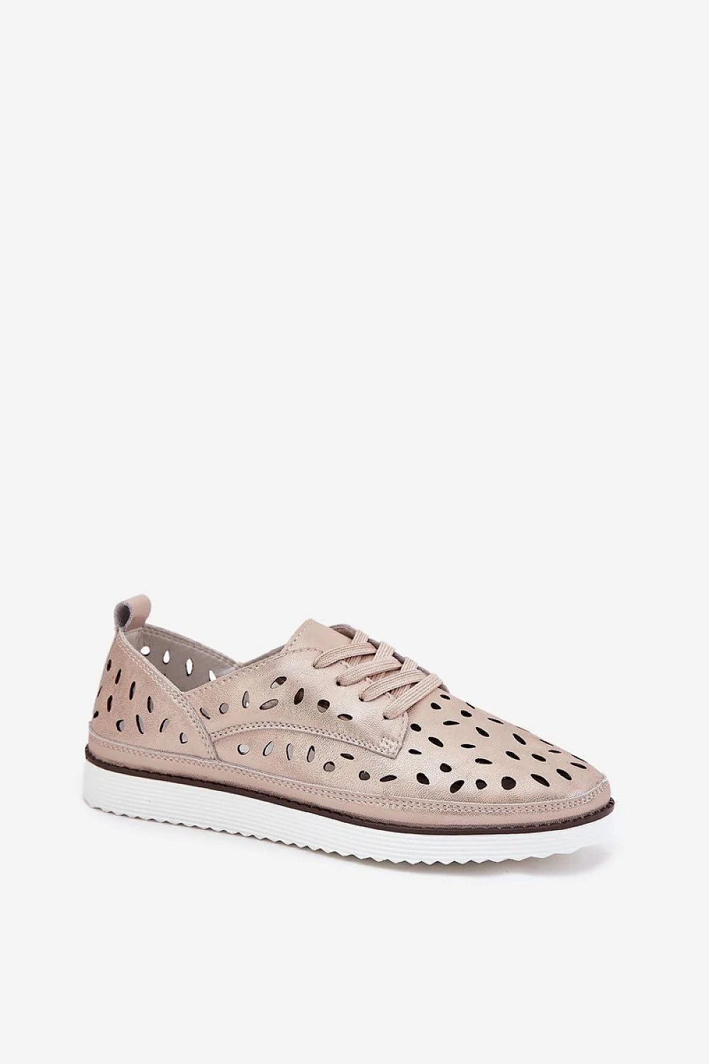 Chaussures basses femmes style moderne élégant couleur beige métallisé perforations ovales laces assorties semelle épaisse amorti confortable