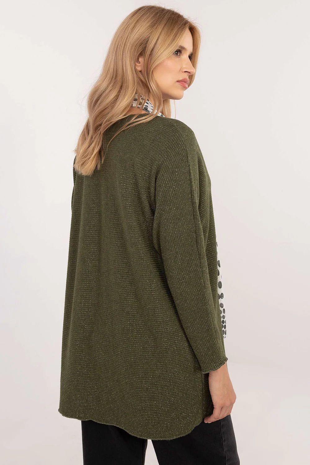 Haut femme style décontracté ample vert olive écharpe pois noirs manches longues coupe classique matières mixtes confort