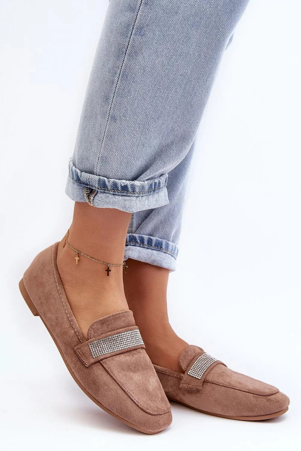 Mocassins élégants pour femme en daim écologique, style classique moderne, zircons scintillants, confort tout au long de la journée