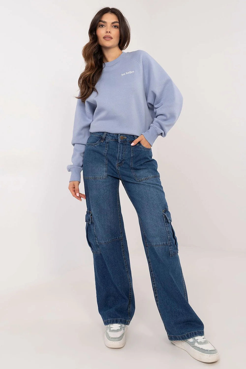 Sweatshirt et pantalon cargo deux pièces femme Oversize coton bleu pastel denim bleu jeans style casual décontracté