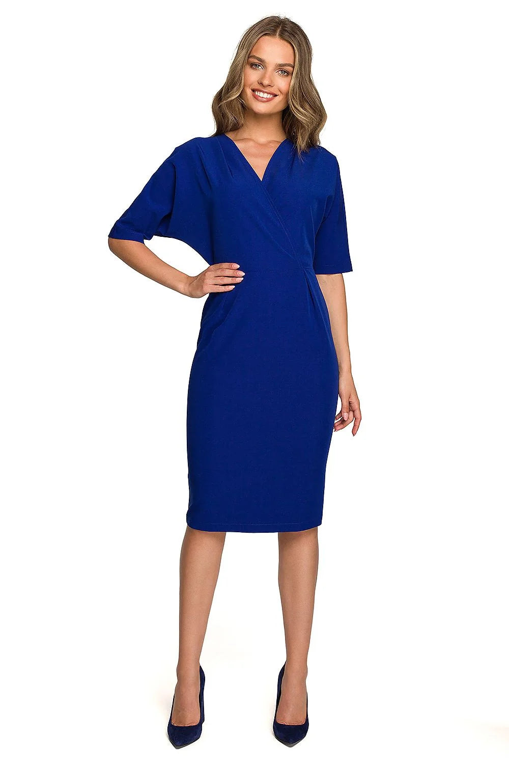 Robe de jour élégante ajustée manches chauve-souris longueur genoux vert émeraude polyester viscose elasthanne femme