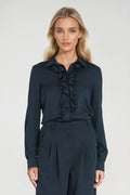 chemise manches longues cintrée col plastron volants boutonnée coupe droite fluide légère poignets boutonnés soignées bleu marine viscose