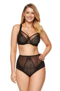 Soutien-gorge doux féminin en tulle tissu plissé motifs orientaux poitrines larges bretelles réglables culotte taille haute maille dentelle noire femme
