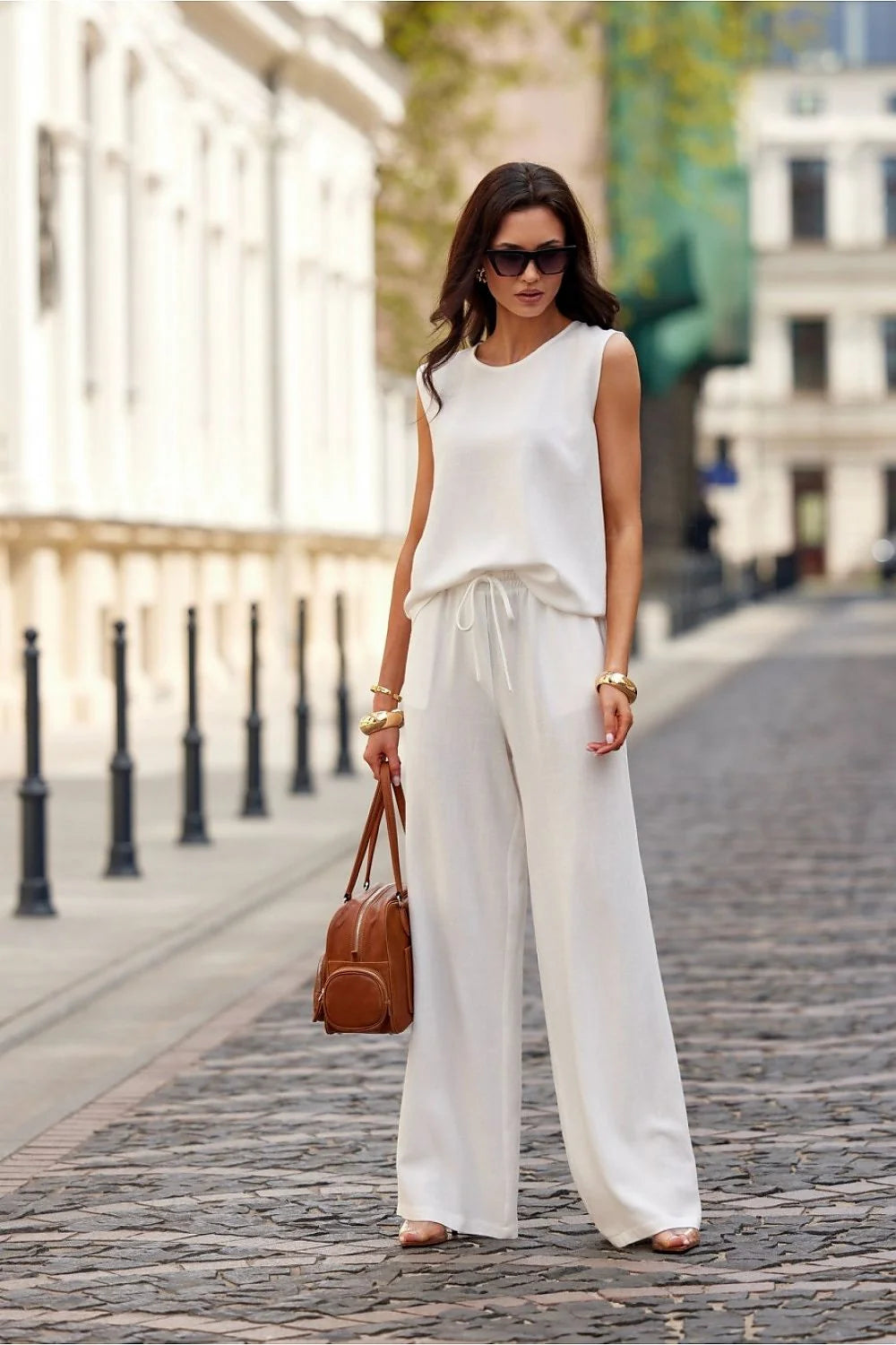 Pantalon femme élégant décontracté large blanc viscose coton haut sans manches ensemble chic occasionnel