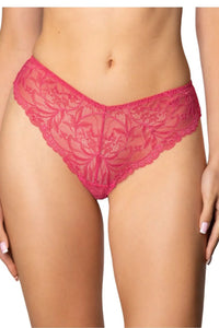 culotte brésilienne framboise dentelle florale semi transparente taille basse échancrée décolleté V bords festonnés maille fine maintien léger confortable élégant