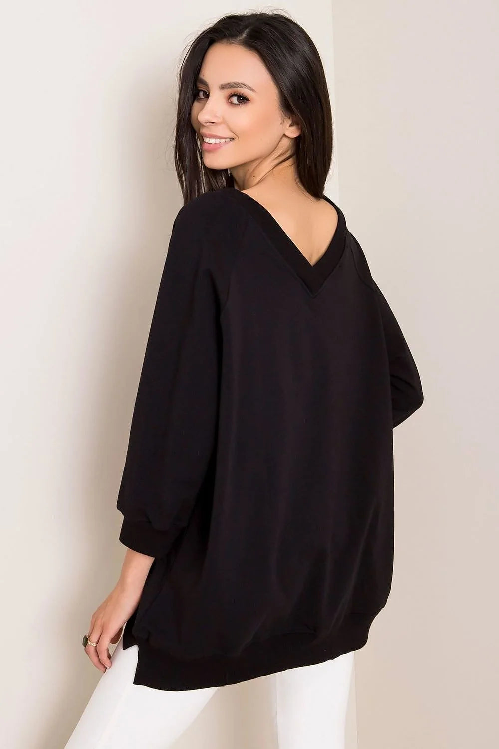 Sweatshirt Rue Paris ample manches longues encolure V couleur brun terre cuite doux respirant féminin