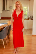 robe longue rouge vif décolleté V profond viscose élasthanne fluide ajustée évasée buste plissé maintien confortable silhouette allongeante chic sexy