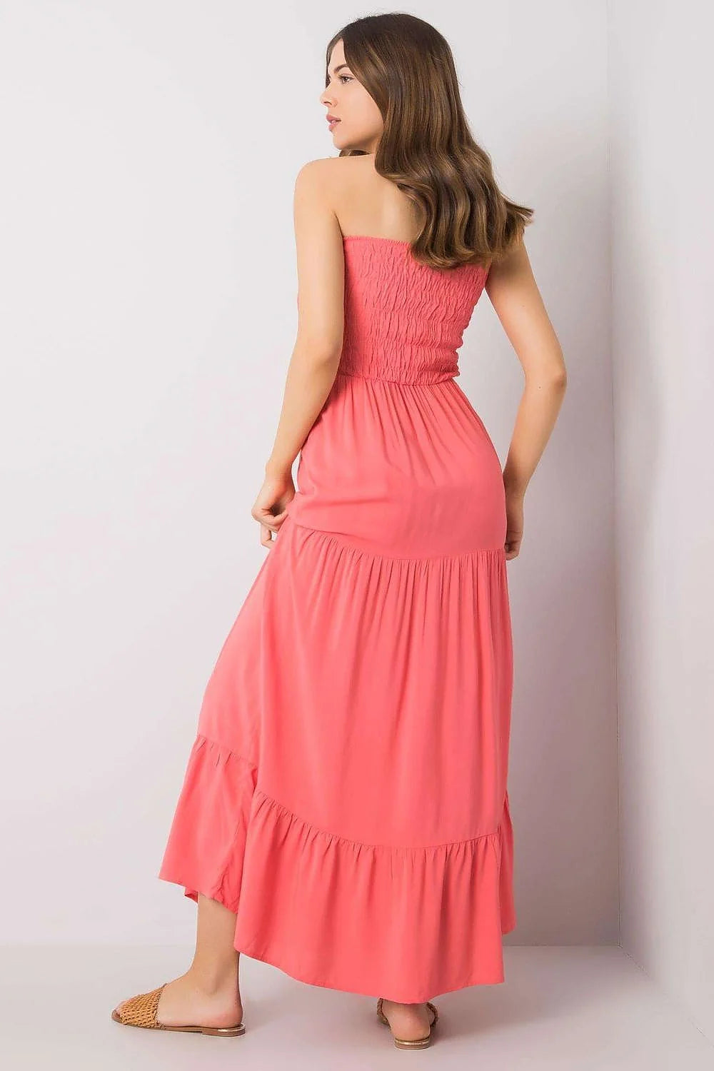 Robe de jour Fresh Made longue sans bretelles floral noir blanc rose clair élastique volants femme été