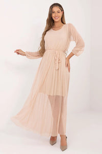 robe maxi résille tulle nude rose doublure courte manches longues encolure ronde ceinture élastique nouée taille cintrée fluide