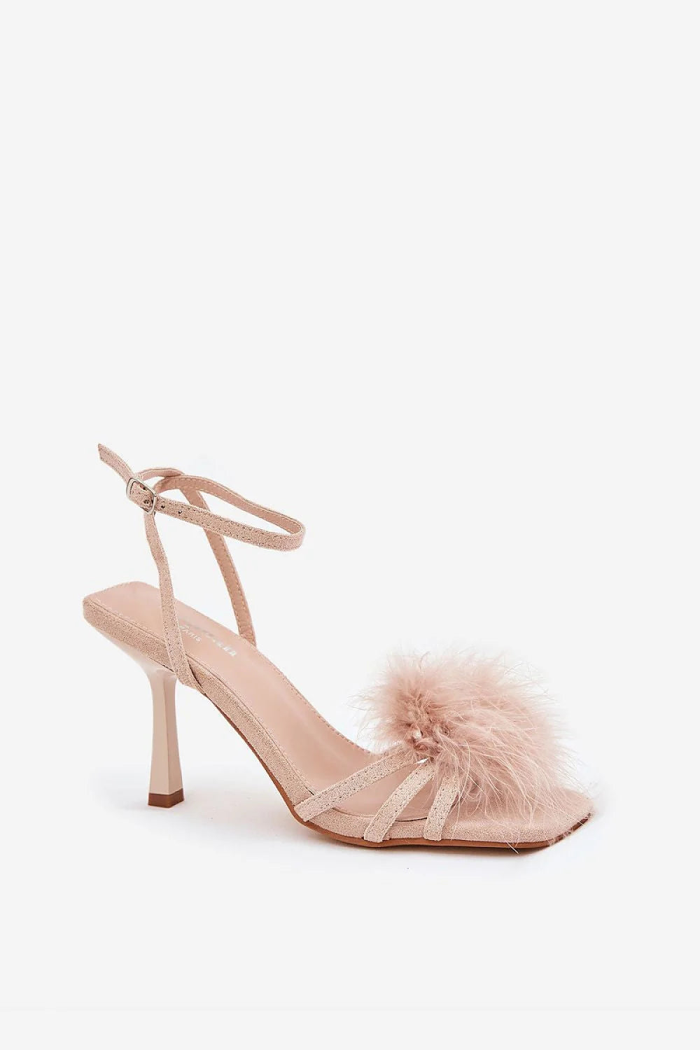 sandales élégantes talons aiguilles suédine plumes nude rosé pompon bride cheville boucle argentée semelle cuir artificiel confortables soirée cérémonie glamour
