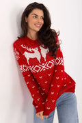 pull femme noël jacquard rouge manches longues col rond coupe ample maille tricotée douce acrylique motifs rennes cœurs
