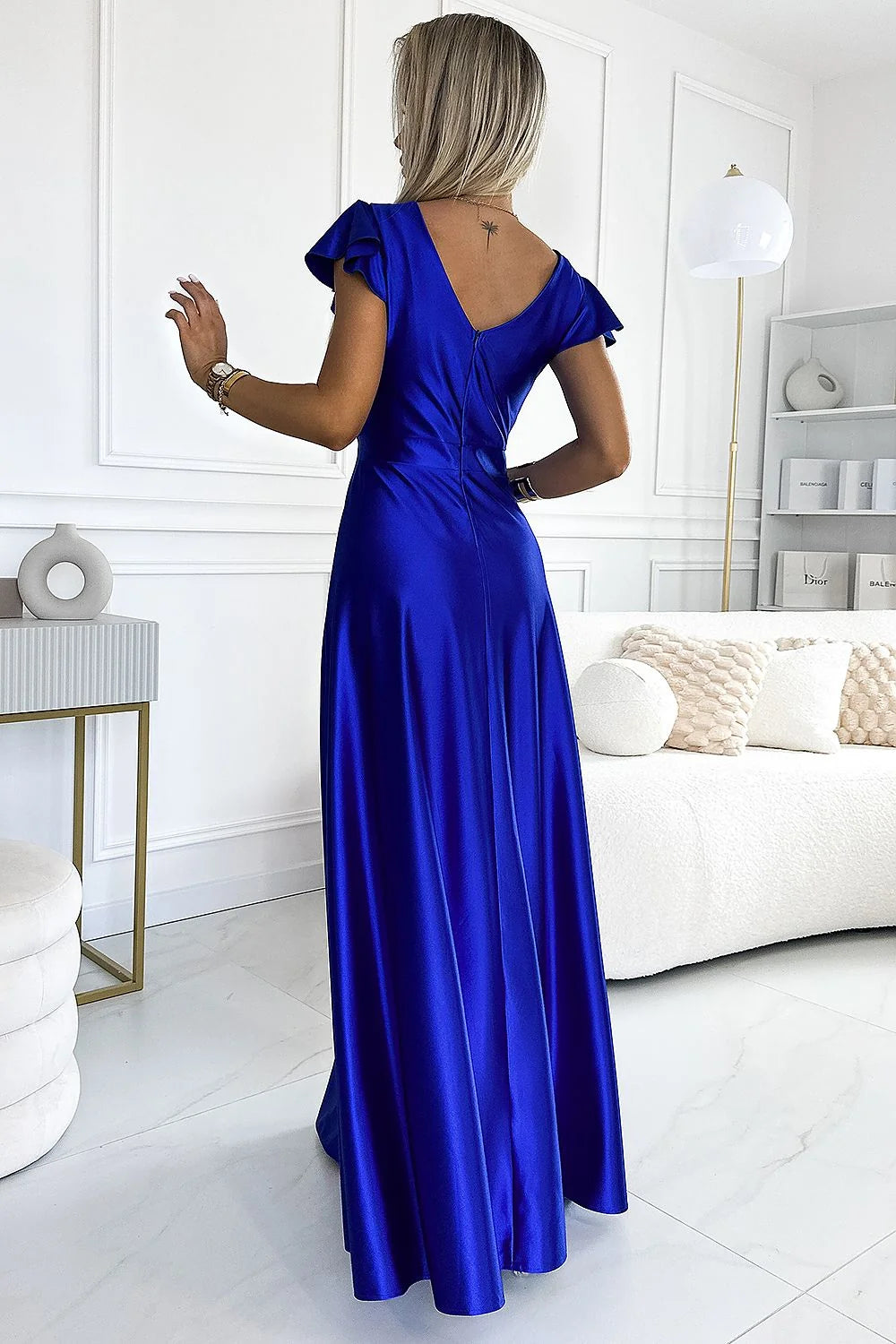 Robe longue en satin bleu royal décolleté en V manches courtes fente latérale occasion spéciale femme mode