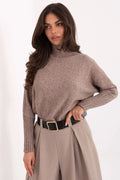 pull femme col roulé maille douce taupe chiné oversize épaules tombantes manches longues poignets côtelés texture duveteuse polyvalent casual chic