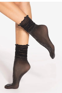 chaussettes hautes genouilles noires semitransparentes metallisees scintillantes 30den delicates elastanne nylon confortables froufrous maillefine ajustees glamour gatta
