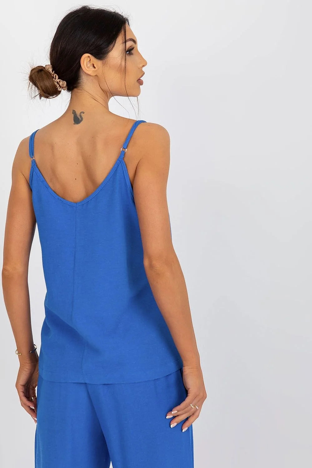 Top Och Bella débardeur ample bretelles fines ajustables col en V coton len viscose bleu vif femme