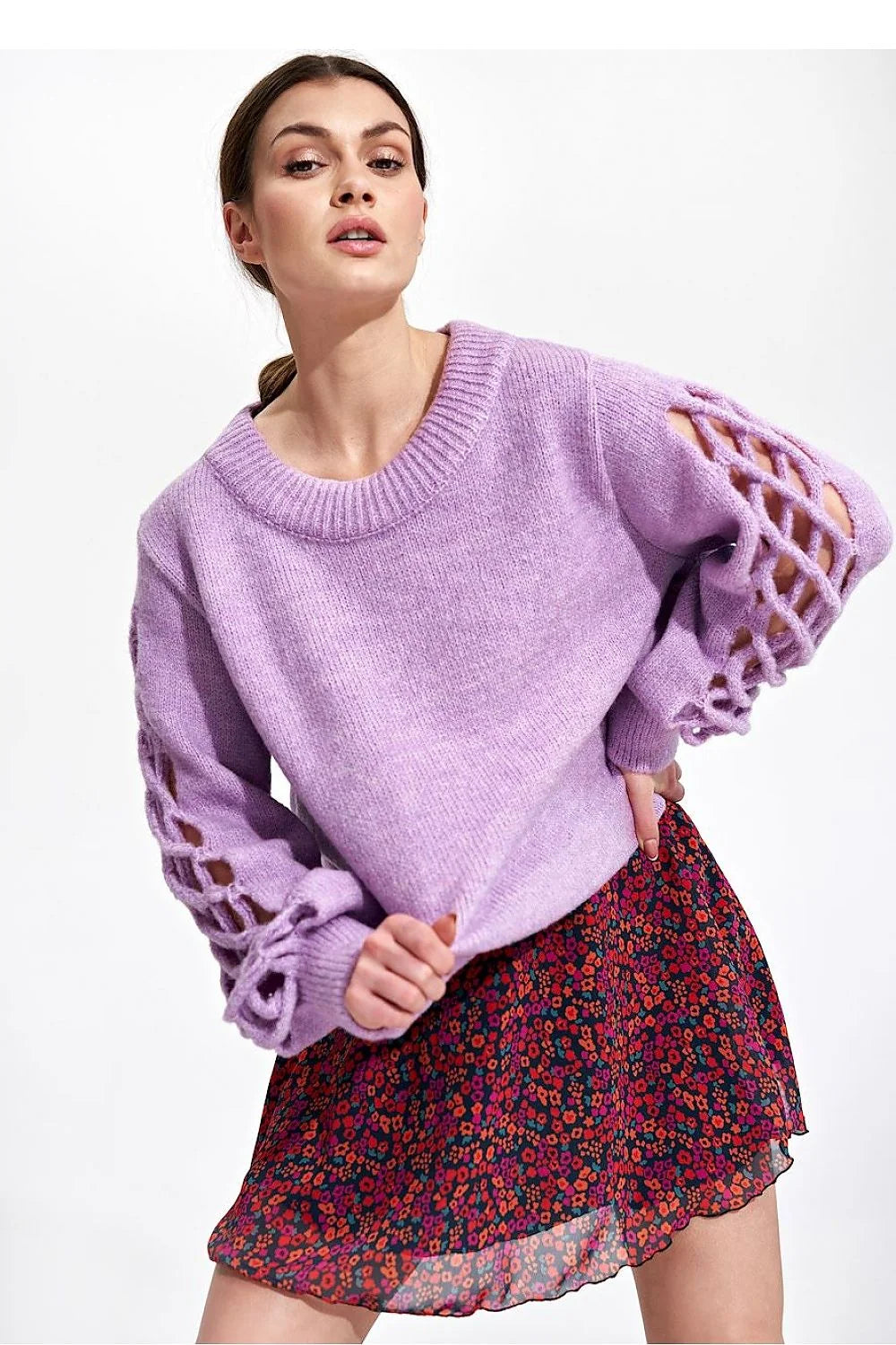 Set Mode Femme Cardigan Tricot Rose Débardeur Blanc Jupe Évasée Imprimée Floral Coupe Décontractée Matière Douce