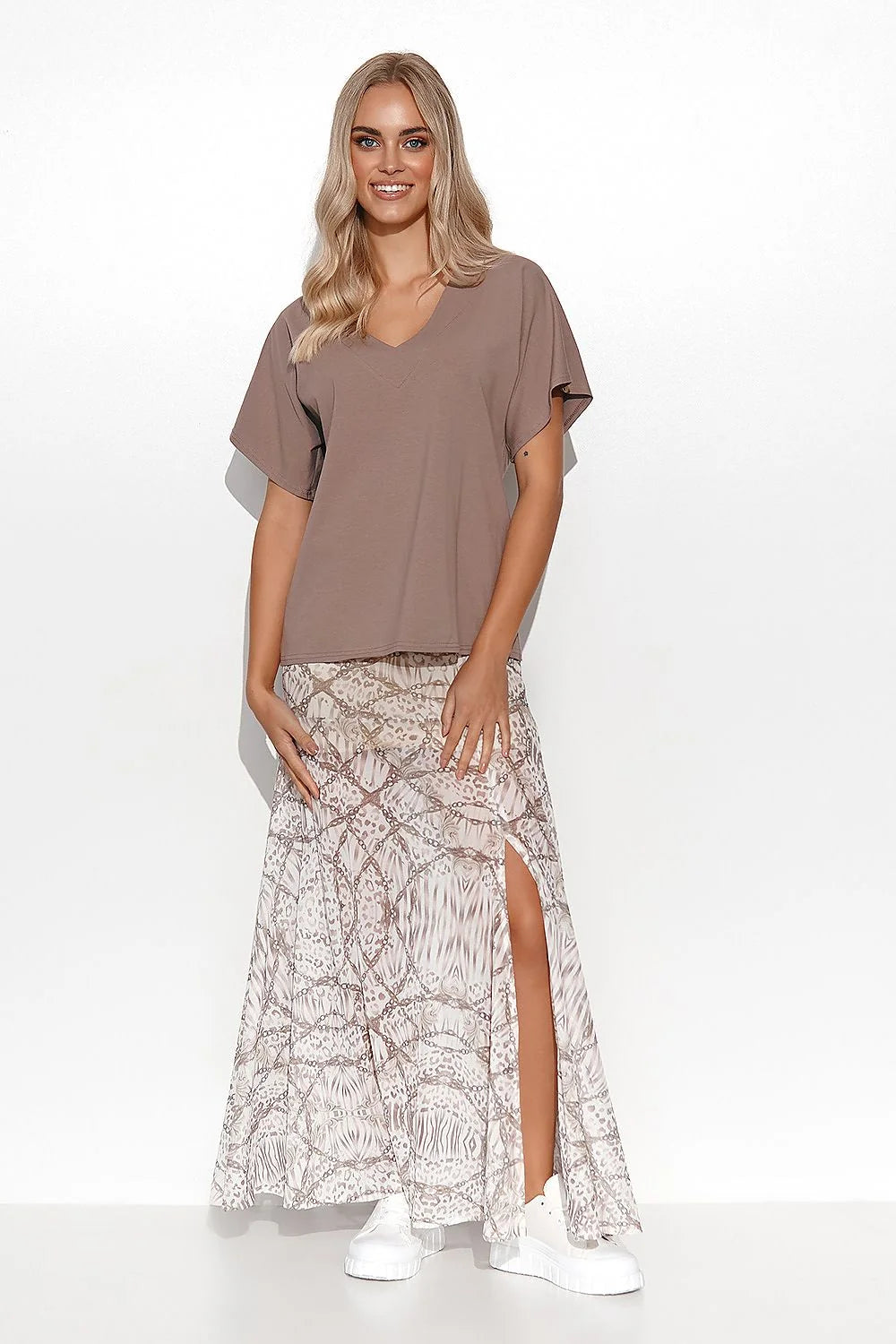 Chemisier Makadamia pour femme en coton taupe style classique décontracté coupe boxy col V manches courtes