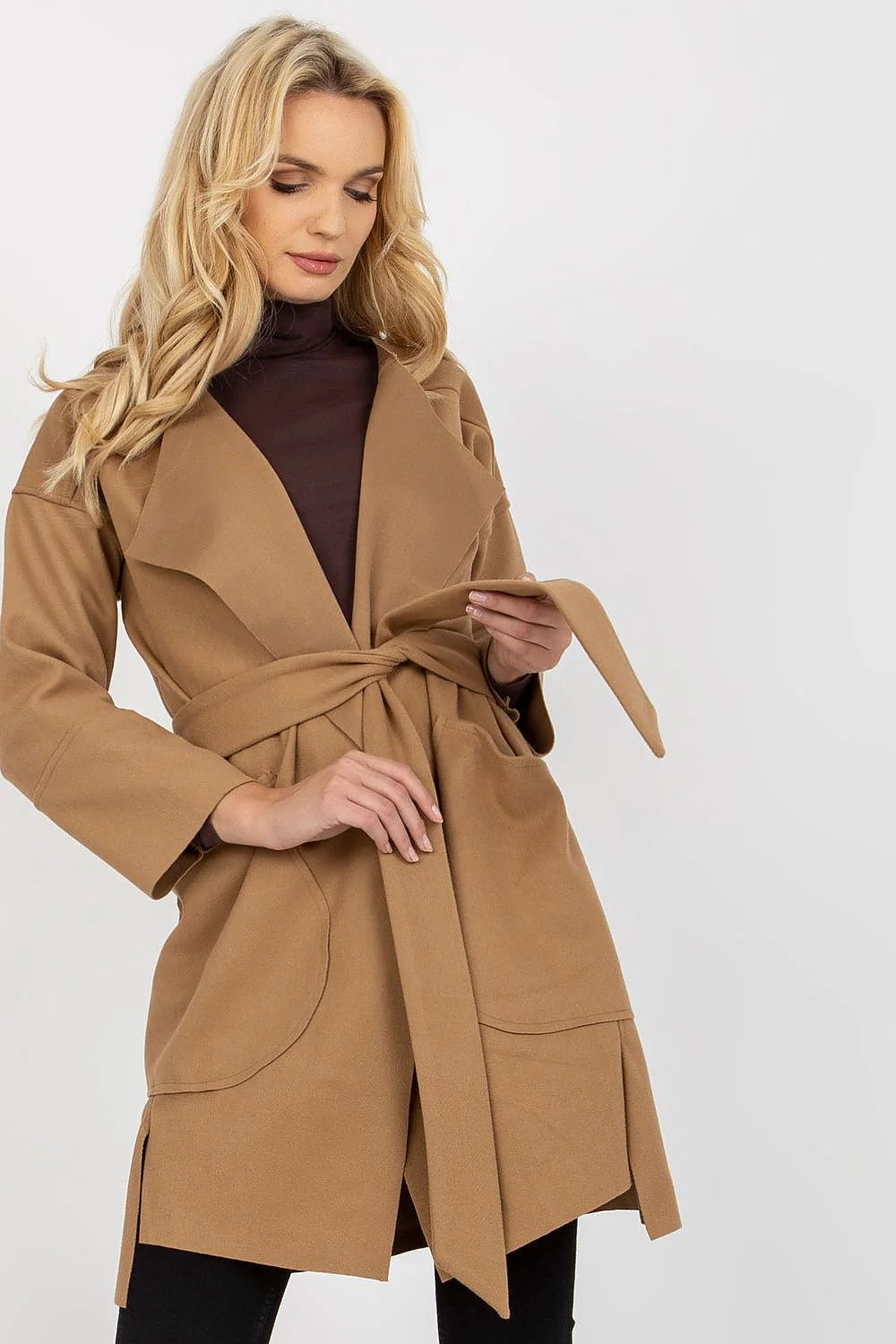 Manteau Och Bella pour femme style élégant moderne coupe structurée ceinture ajustable manches longues poches latérales beige polyester