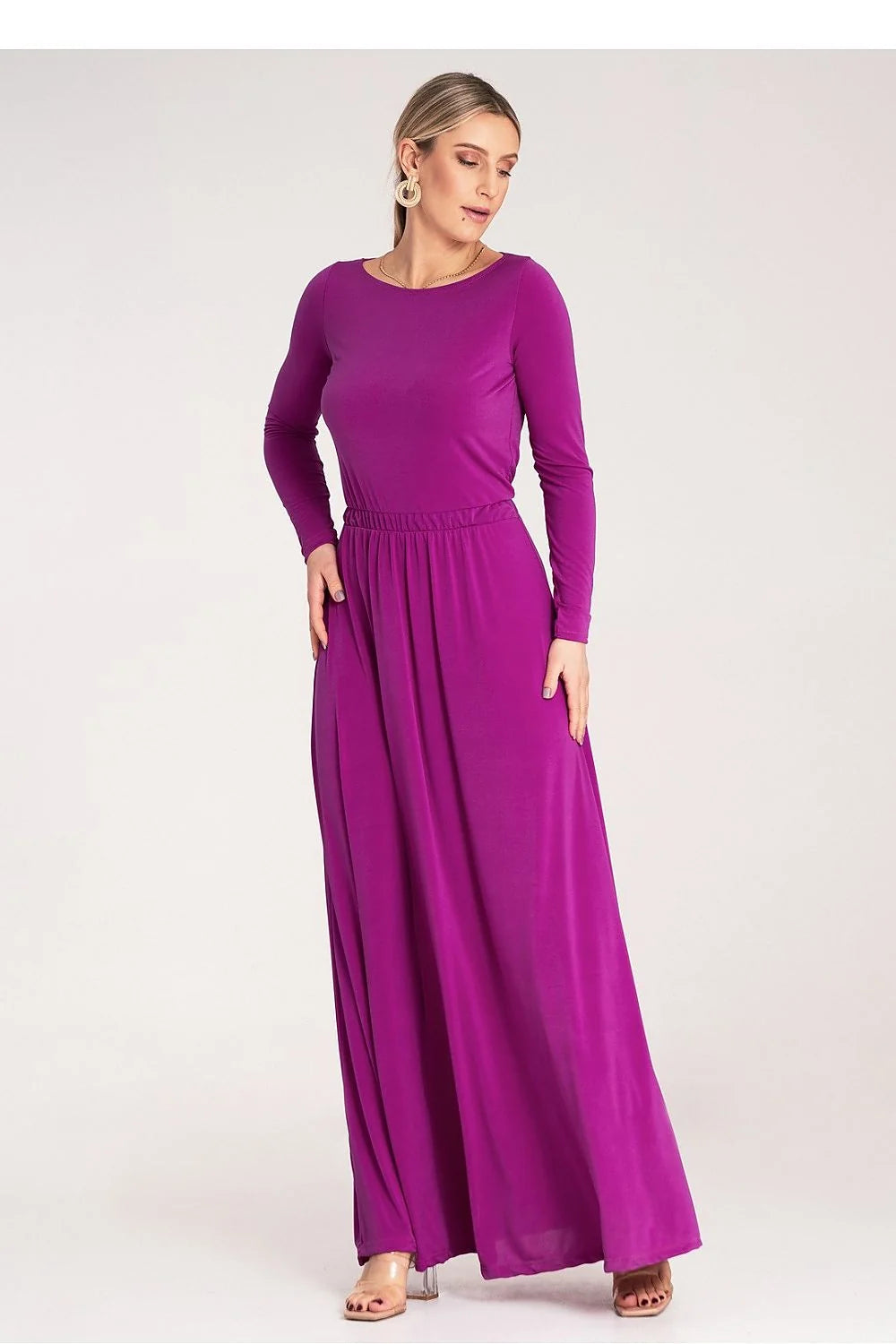 Robe de jour Figl élégante couleur magenta vibrant manches longues tissu fluide taille élastiquée pour femme