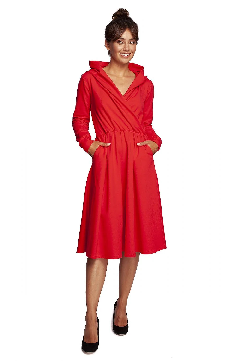 Robe de jour féminine élégante en coton élasthanne coupe A manches longues col drapé poches latérales