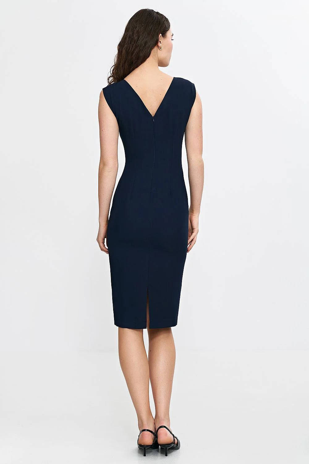Robe de jour élégante ajustée sans manches encolure bateau dos en V jupe crayon couleur bleu marine femme