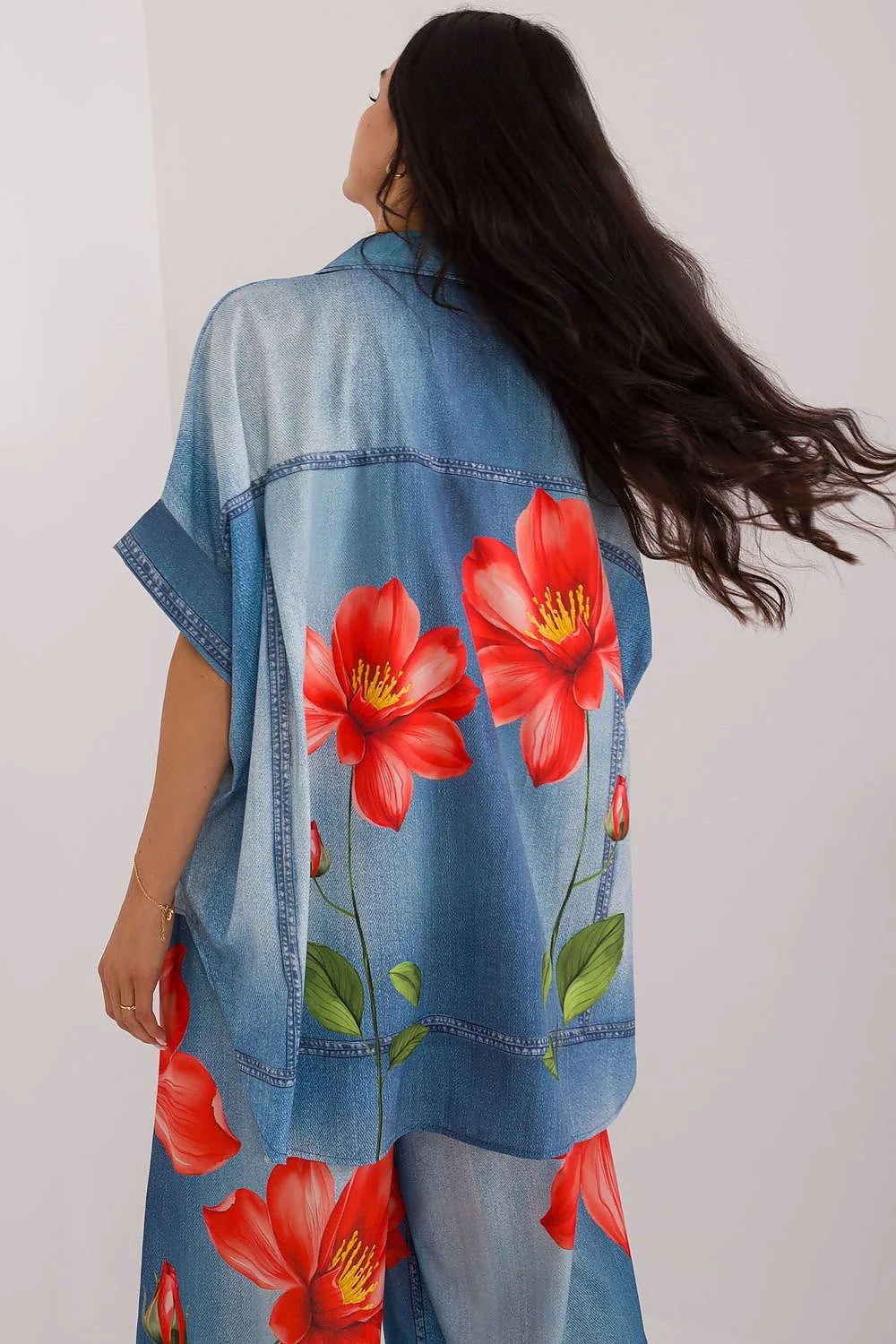 Chemise femme Casual Manches Courtes Imprimé Floral Denim Fleurs Rouges Coupe Ample Matière Légeresse Respirante Été Mode Élégance