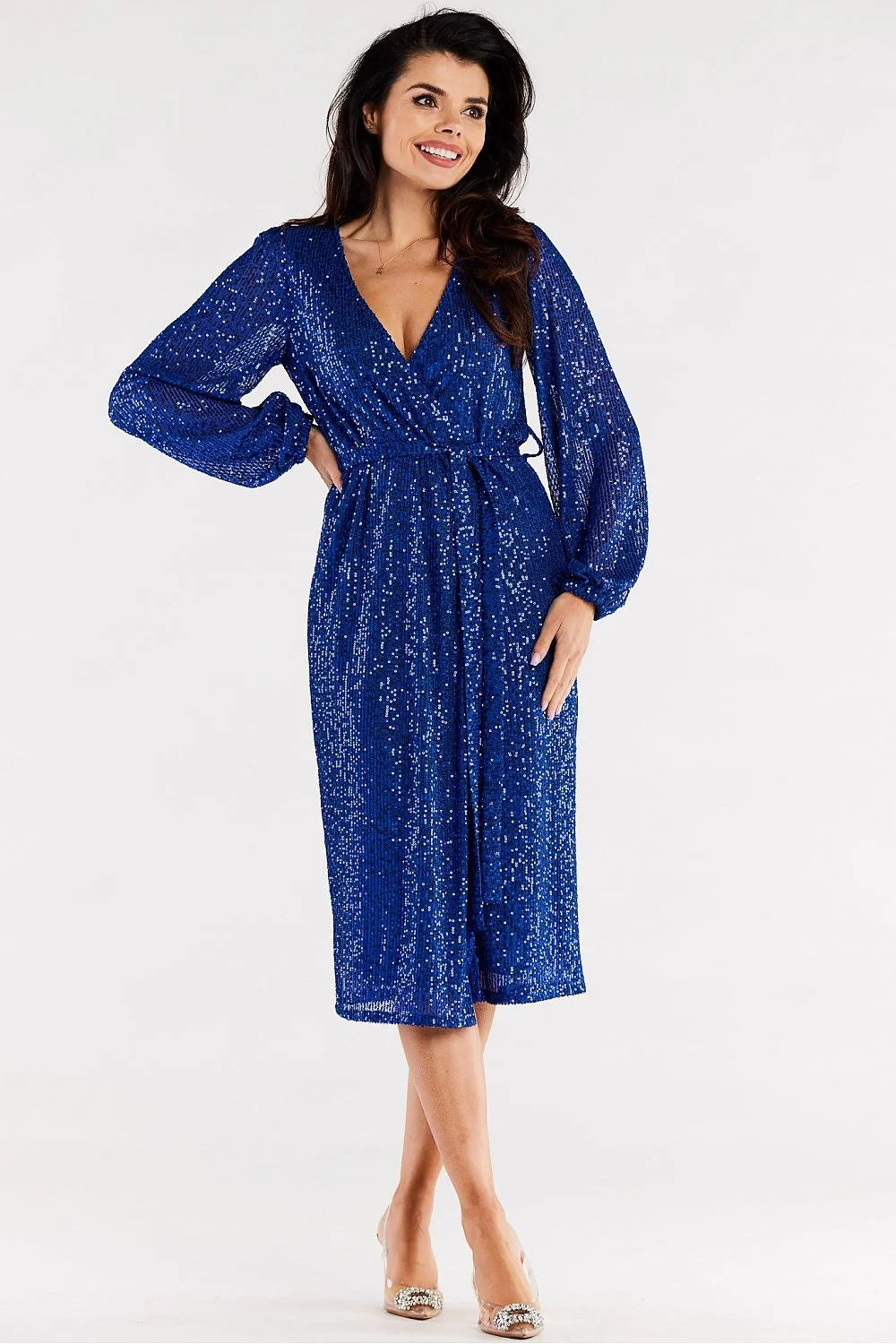 Robe de soirée élégante longueur midi manches longues paillettes rouge vif ceinture intégrée ajustable femme