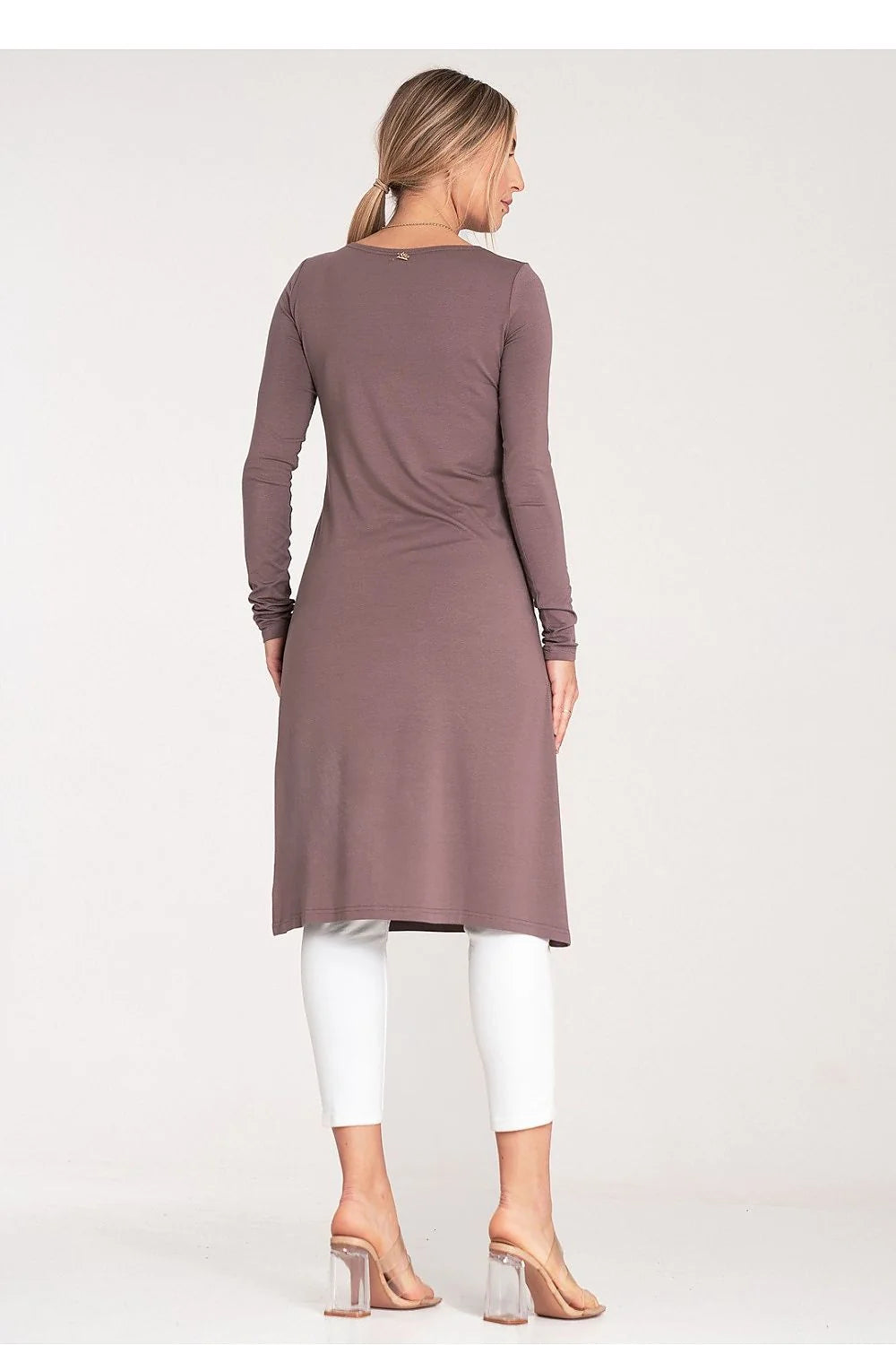 tunique longue femme jersey stretch polyester elasthanne manches longues encolure ronde fente latérale haute coupe ajustée fluide tombé mi mollet