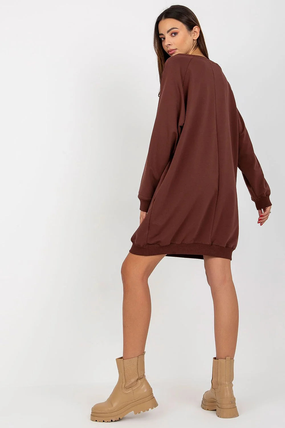 Robe Casual Femme MILANO Coupe Large Manches Longues Col V Coton Mélange Côtelé Finitions Soignées