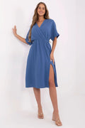 Robe de jour Italy Moda en mousseline légère 100% coton coupe évasée devant croisé ceinture élastique manches courtes couleur bleu clair