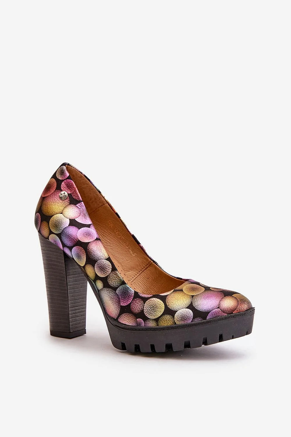 Maciejka escarpins femme talon bloc large 11cm plateforme épaisse crantée motif bulles multicolores irisé cuir semelle matelassée artisanat polonais