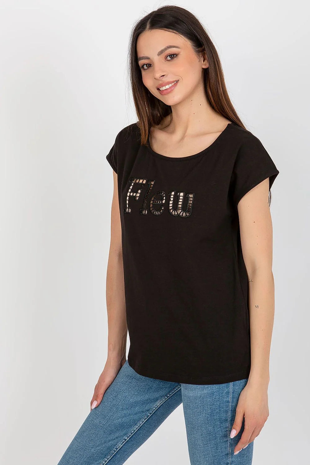 tshirt femme décontracté manches courtes col rond coton élasthanne noir broderie appliqué sequins miroirs mosaïque ajustée confortable chic