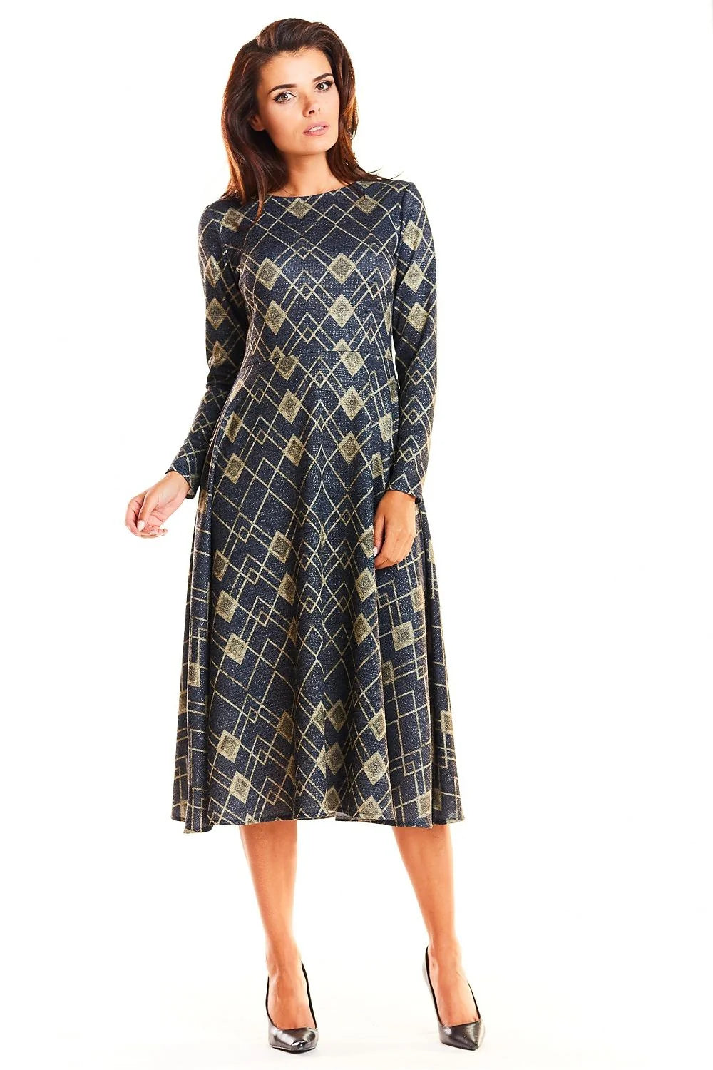 Robe évasée tissée élégante motifs géométriques dorés manches longues bleu marine style moderne féminine