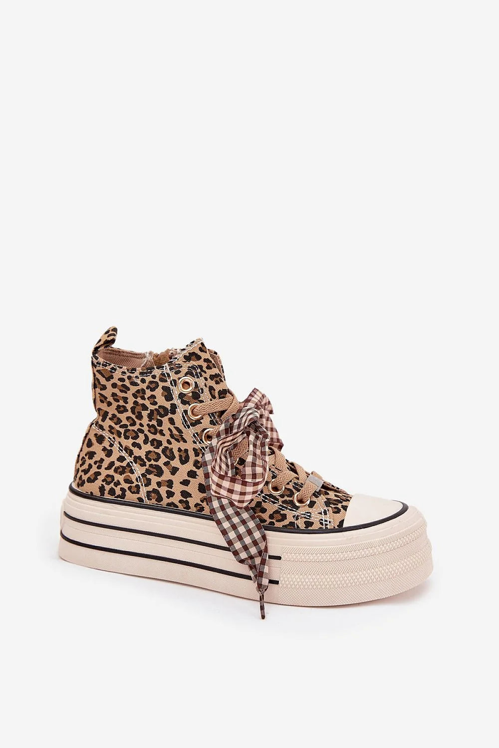 baskets femme montantes plateforme épaisse semelle gomme léopard beige camel bandes noires lacets ruban vichy marron oeillets fermeture eclair