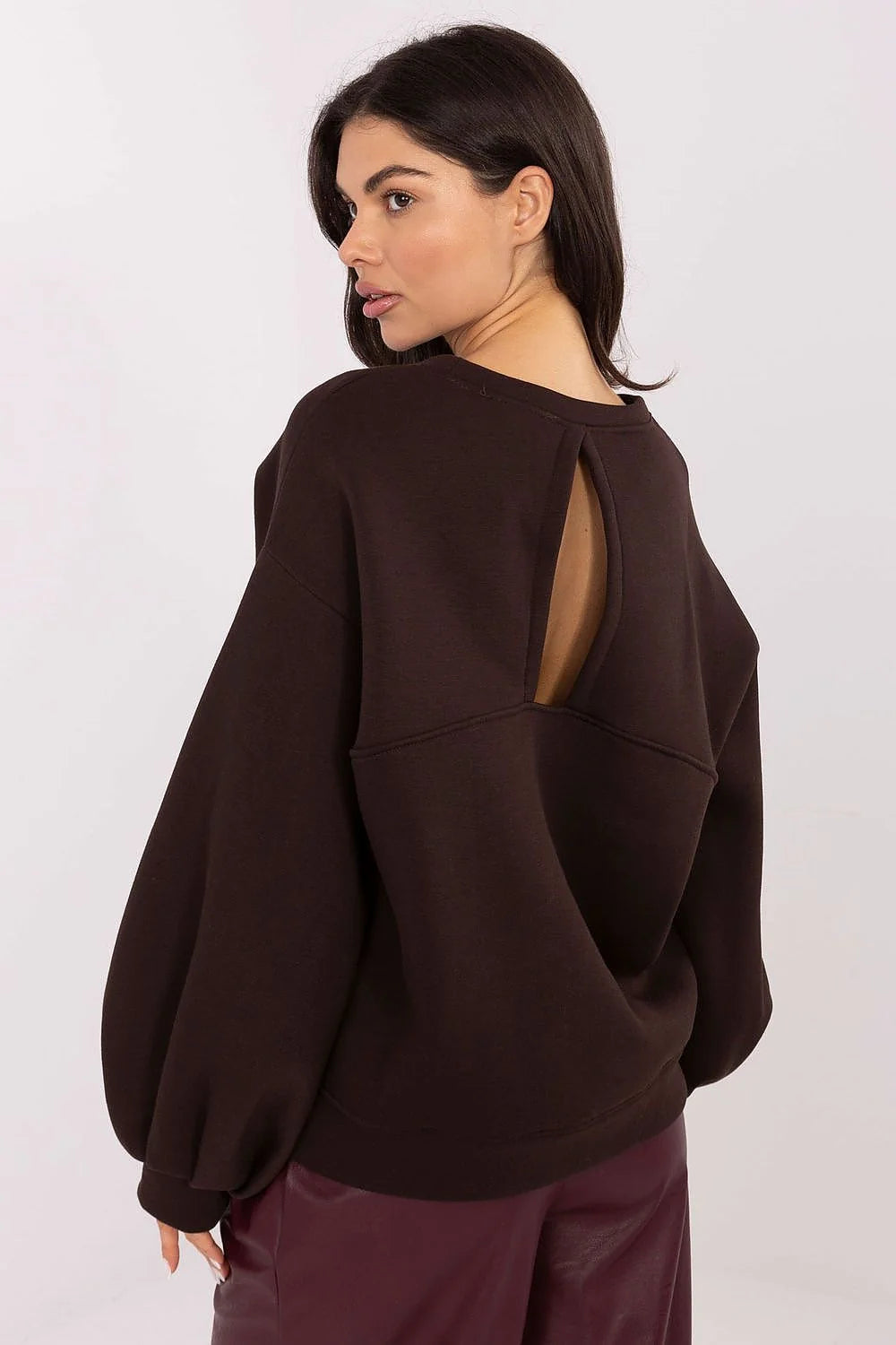 sweatshirt femme oversize chocolat foncé manches bouffantes col rond inscription ciao chenille rose broderie fente coton élasthanne confortable