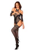 Bodystocking Obsessive élégant audacieux lingerie femme mesh noir floral dos nu entrejambe ouvert sexy