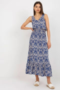 Robe de jour Fresh Made été longue sans manches encolure V taille élastiquée ourlet volanté viscose bleu beige femme