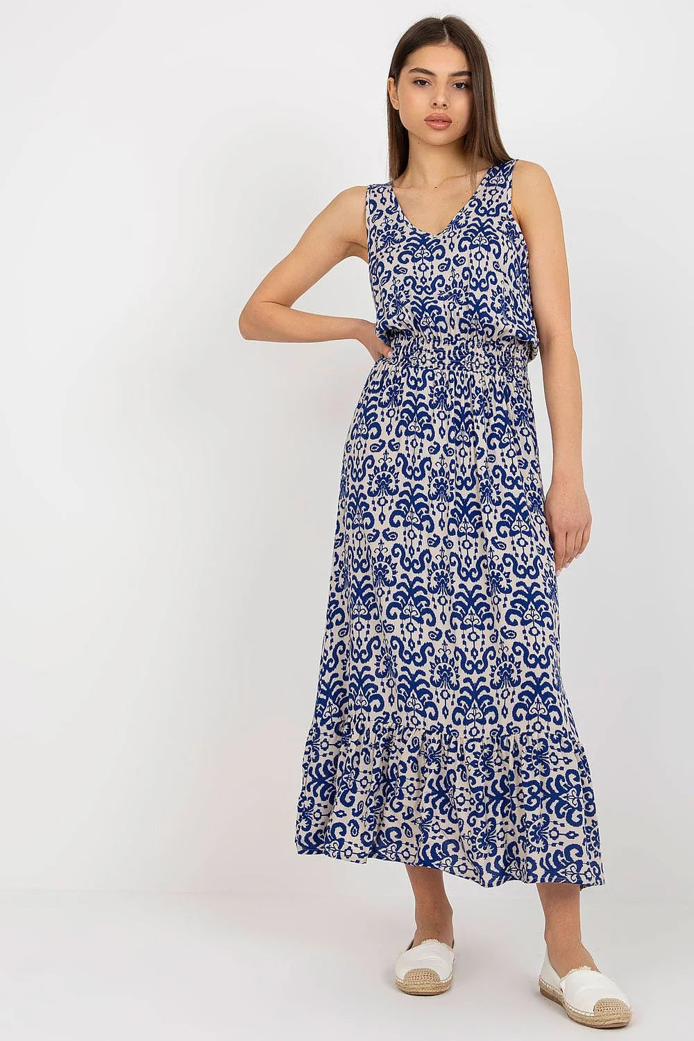 Robe de jour Fresh Made été longue sans manches encolure V taille élastiquée ourlet volanté viscose bleu beige femme