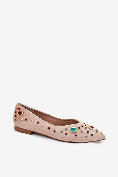 ballerines femme pointues suédine beige rosé bout effilé coupe basse talon plat cabochons multicolores strass clous dorés