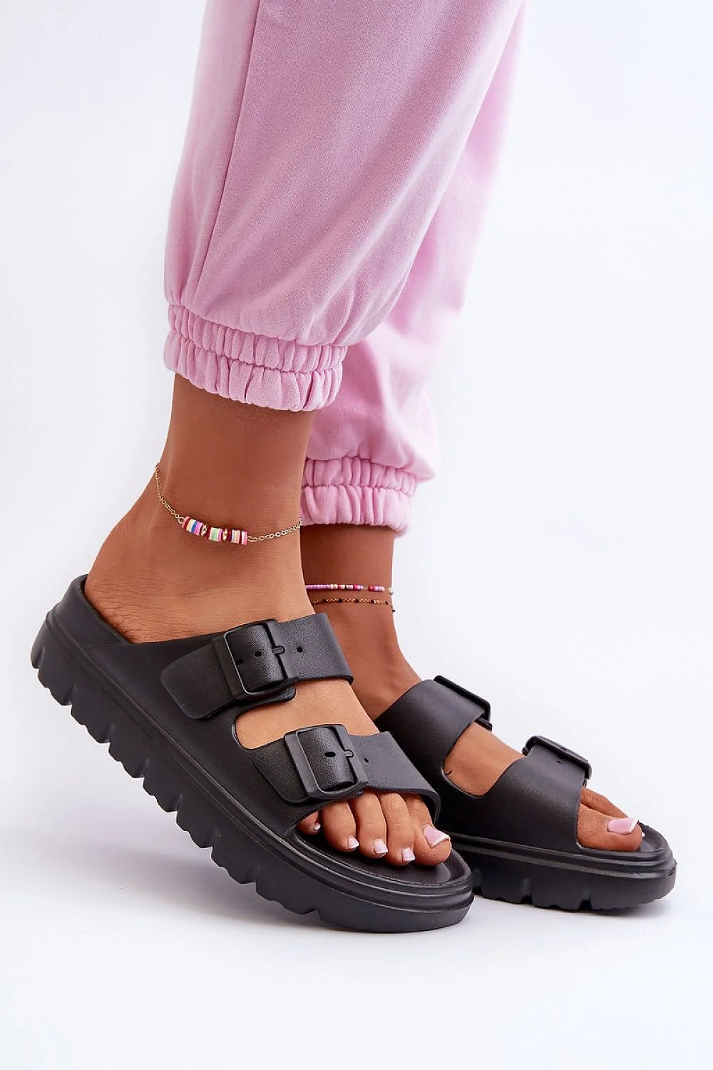 sandales femmes noir mat plateforme 35mm semelle crantée épaisse bout ouvert mules brides larges réglables boucles similicuir amortissante antidérapante confortable