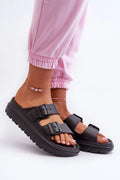 sandales femmes noir mat plateforme 35mm semelle crantée épaisse bout ouvert mules brides larges réglables boucles similicuir amortissante antidérapante confortable