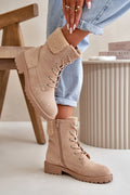 bottines femme suédine beige tige 17cm mi mollet sherpa doublure semelle crantée caoutchouc lacets oeillets zip latéral confortable
