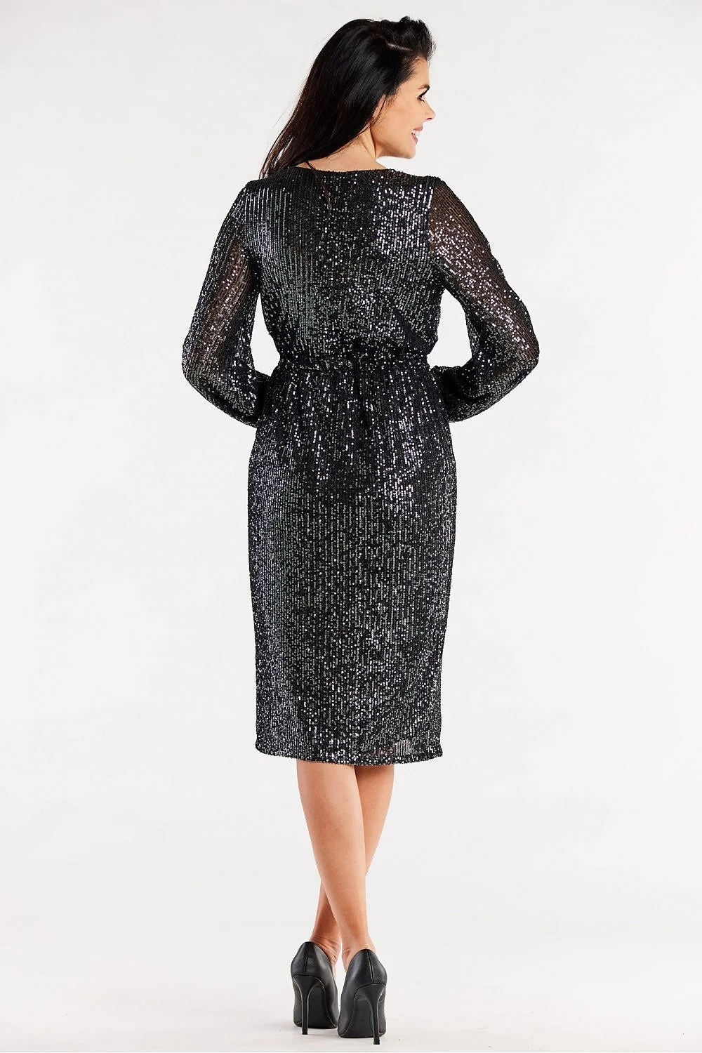 robe soirée longue manches longues décolleté V croisé sequins rouge portefeuille taille ajustable paillettes fente frontale bouffantes doublure élasthanne polyester