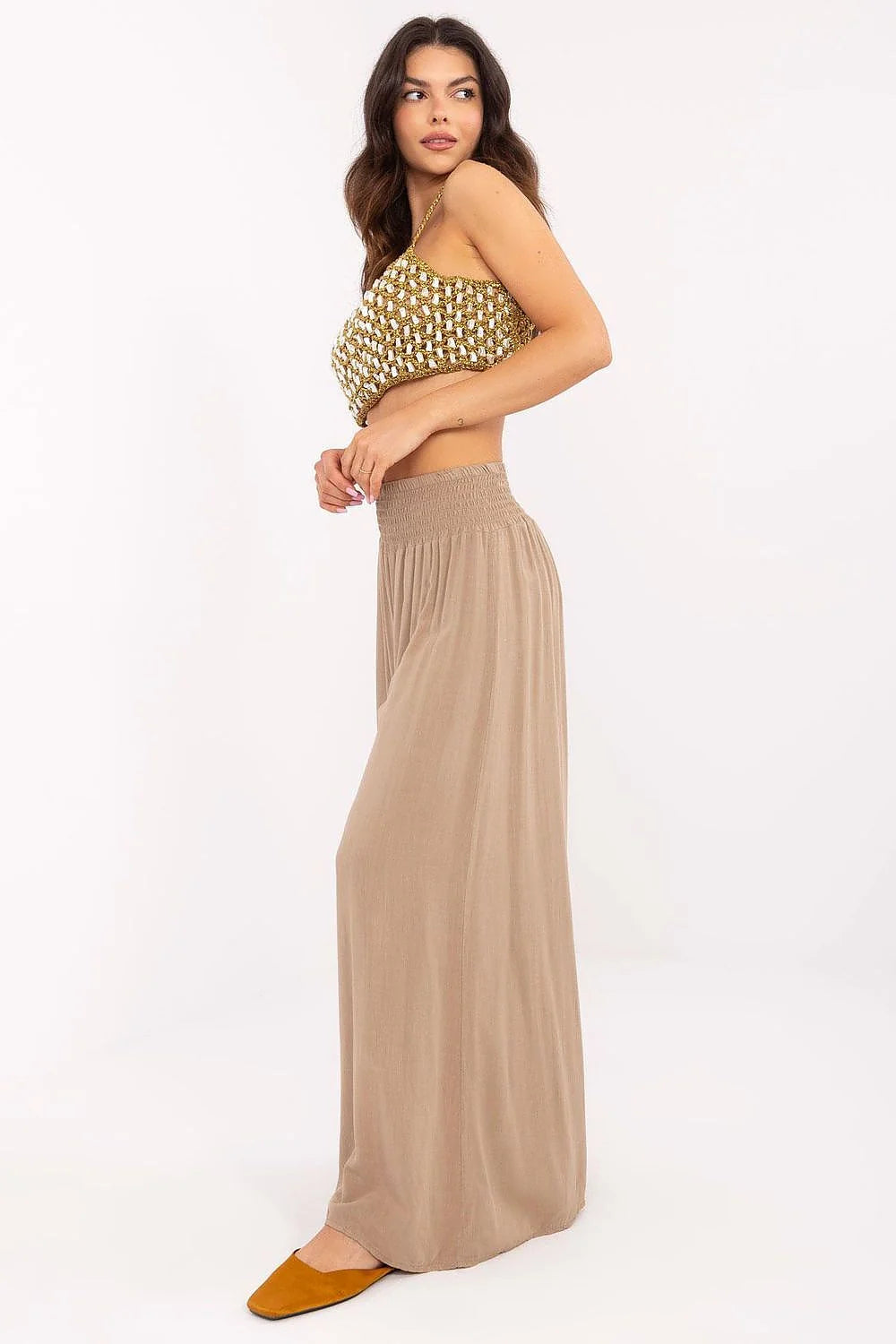 pantalon ample femme viscose légère respirante taille haute smocké ceinture élastique plis décoratifs fluide long beige bohème chic soirée élégant
