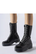 bottes noires mi mollet cuir synthétique lisse brillant laçage oeillets métalliques lacets contrastés fermeture éclair latérale semelle plateforme épaisse crantée