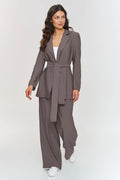 ensemble makadamia femme taupe blazer ceinturé sans boutons col tailleur veste longue pantalon palazzo large taille élastique