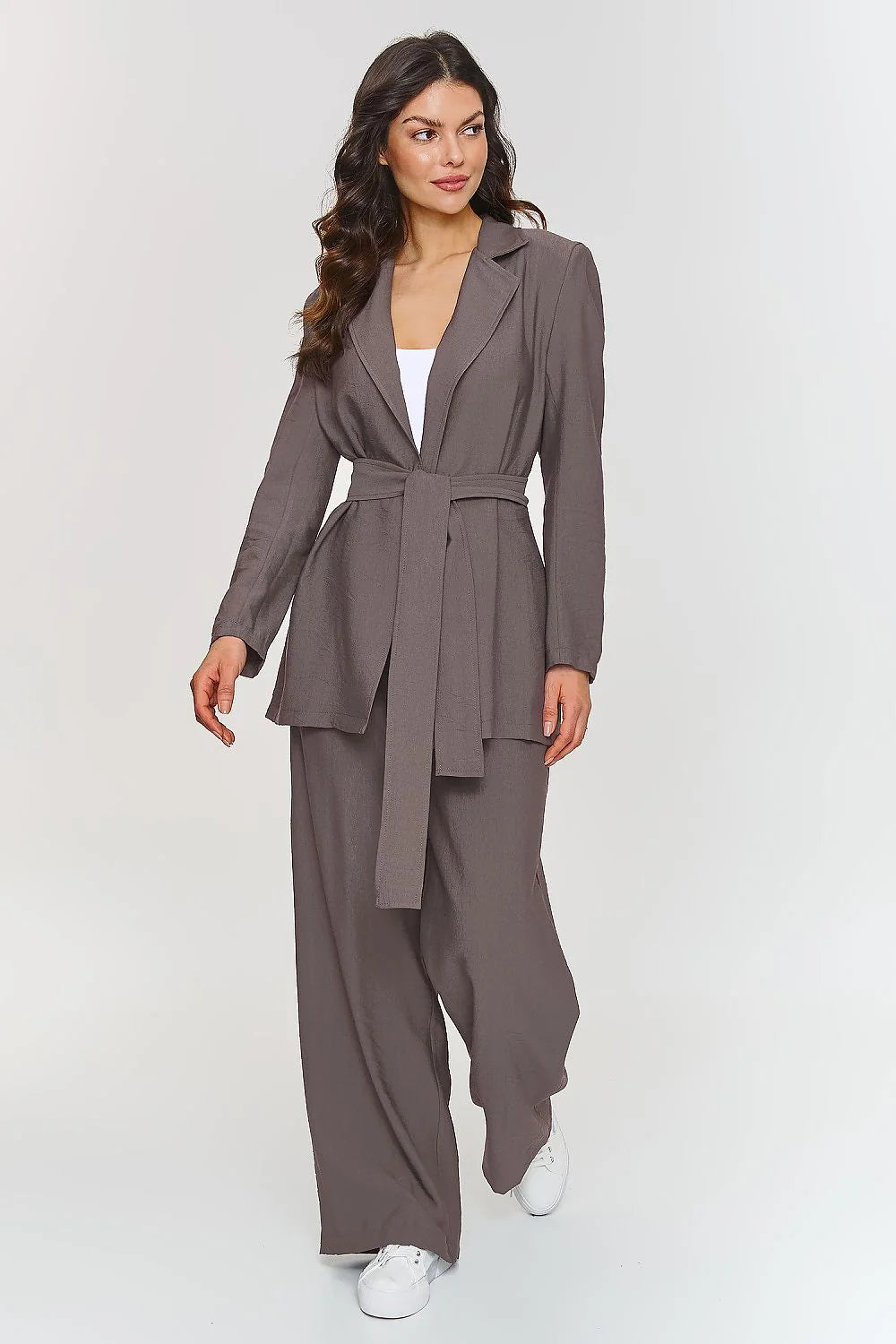 ensemble makadamia femme taupe blazer ceinturé sans boutons col tailleur veste longue pantalon palazzo large taille élastique
