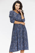 Robe féminine classique imprimé paisley bleu marine manches longues encolure ronde taille ajustée femme