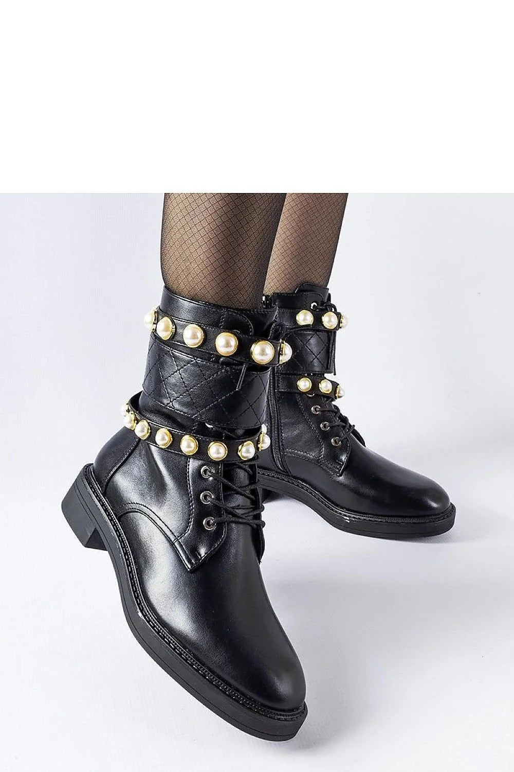 Bottines femmes design audacieux élégant similicuir noir perles blanches bout rond laçage latéral fermeture éclair semelle crantée